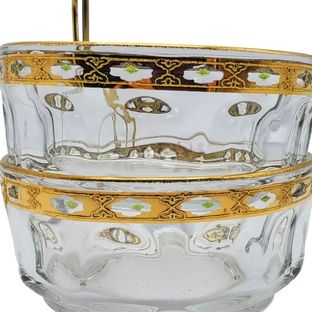 French Glass‎ Condiment Bowls Arcoroc Valencia Gilded Green Hollywood Regency